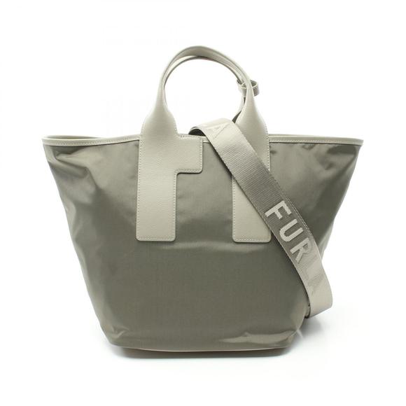 Furla Nylon Canvas Beige Bag Leather Tote Piuma Green - Picture 1 of 5